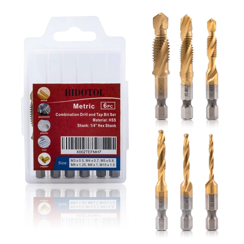 HIDOTOL Titanium Combination Drill and Tap Bits Set, 6 PC Metric Screw Taps, 3-in-1 Bit Tool for Drilling, Tapping and Countersinking - Image 1